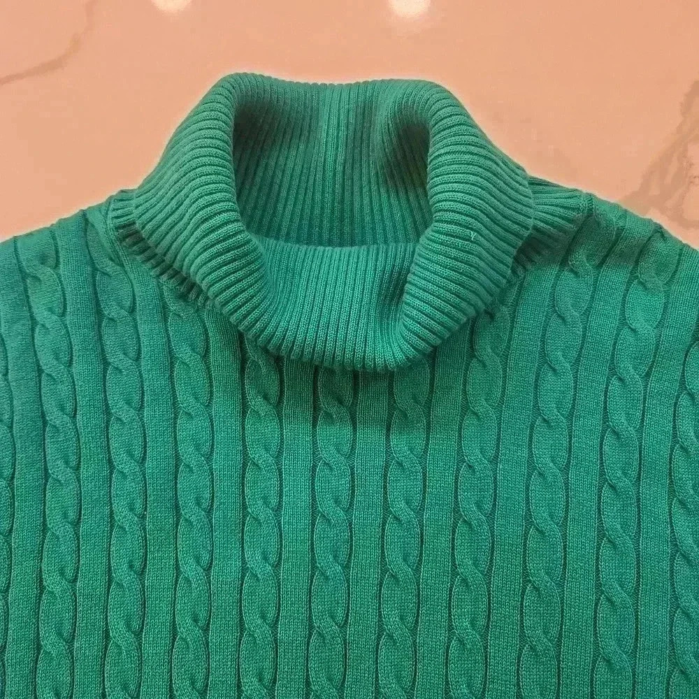 Lands End Cotton Cable Knit Cowl Neck Sweater Green Womens Size XL - Picture 4 of 10